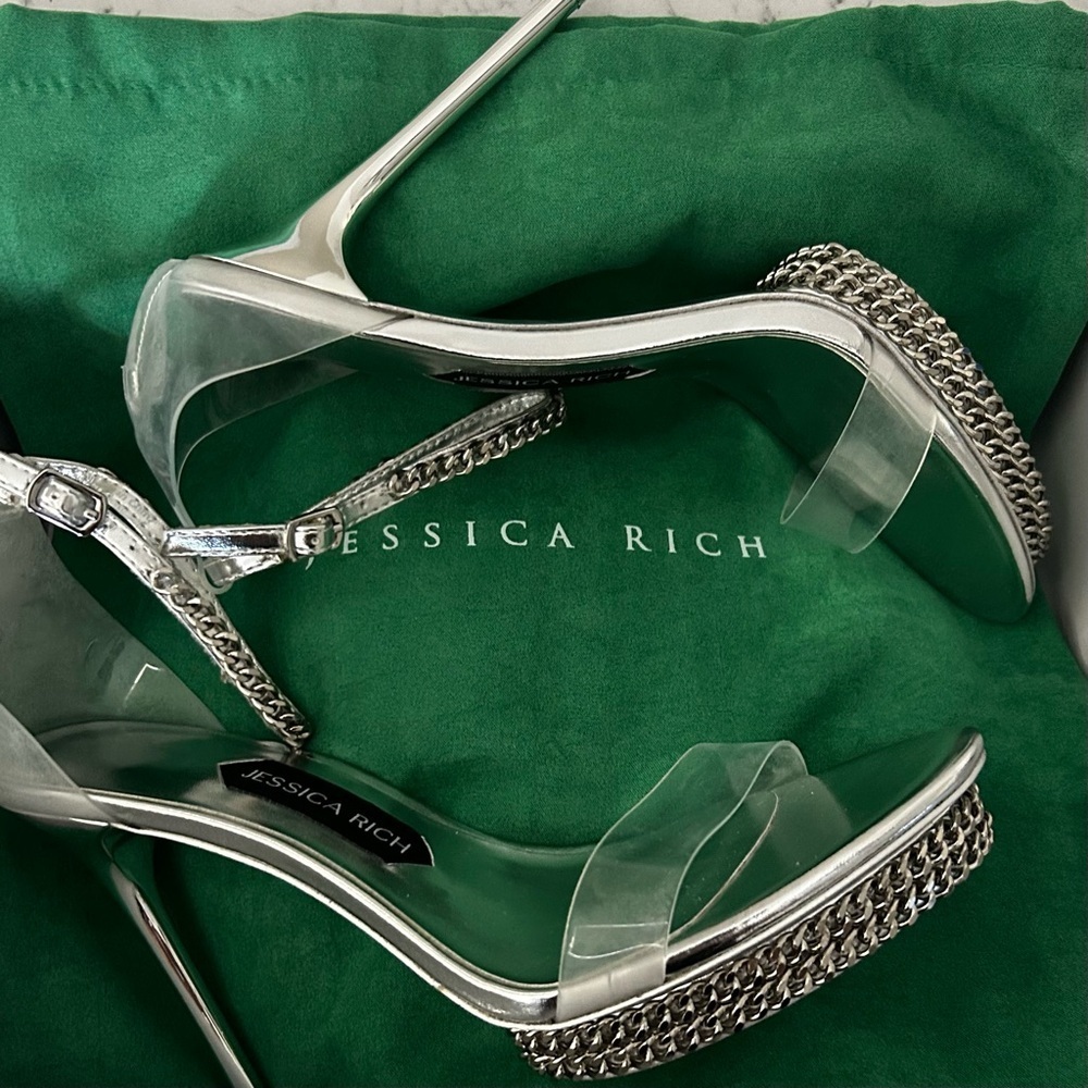 Jessica Rich Silver Chain Stiletto Pumps Size 41 New in Box Ankle Straps - Picture 2 of 7